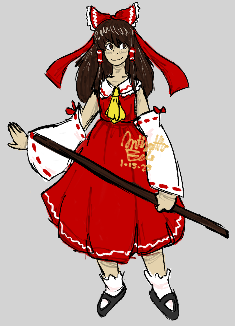 A digital drawing of Reimu Hakurei in her outfit from Imperishable Night. She holds her gohei and looks up to the top right corner with a slight smile.